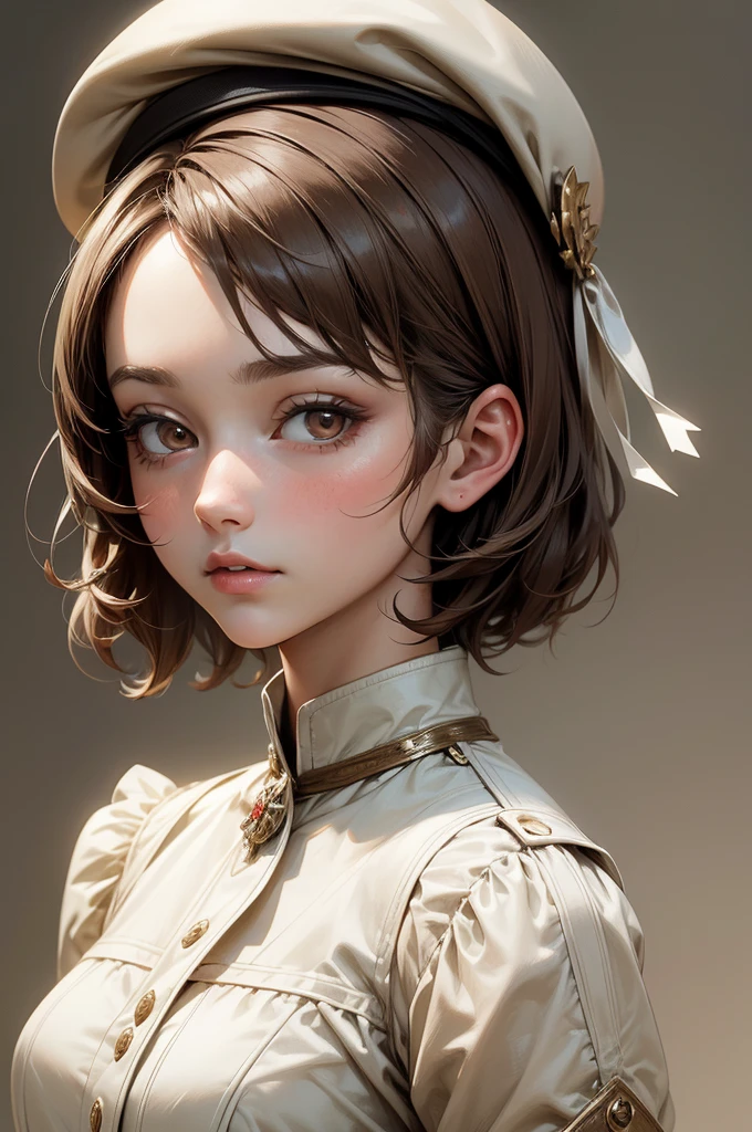 (Masterpiece - Ultra-detailed, High Resolution) girl about 25 years old, short hair with beret, hair from the year 1920, brunette with brown eyes