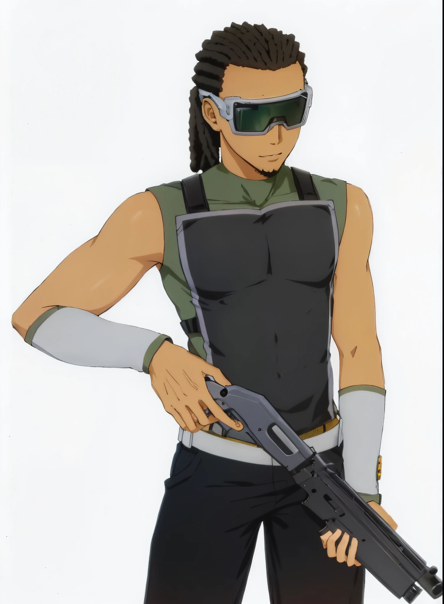 anime african guy with a gun and a googles,