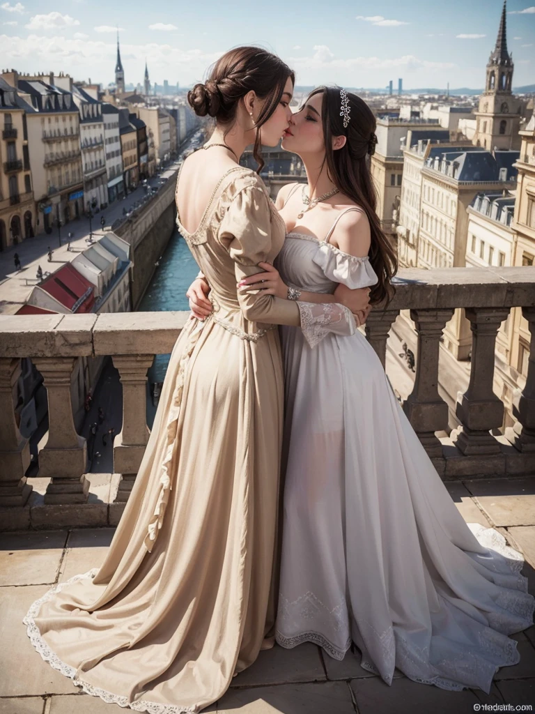 an oil painting, top-quality, masterpiece, 2girlls, Dresses from the Belle Époque era, Noble lady, French cityscape, the kiss