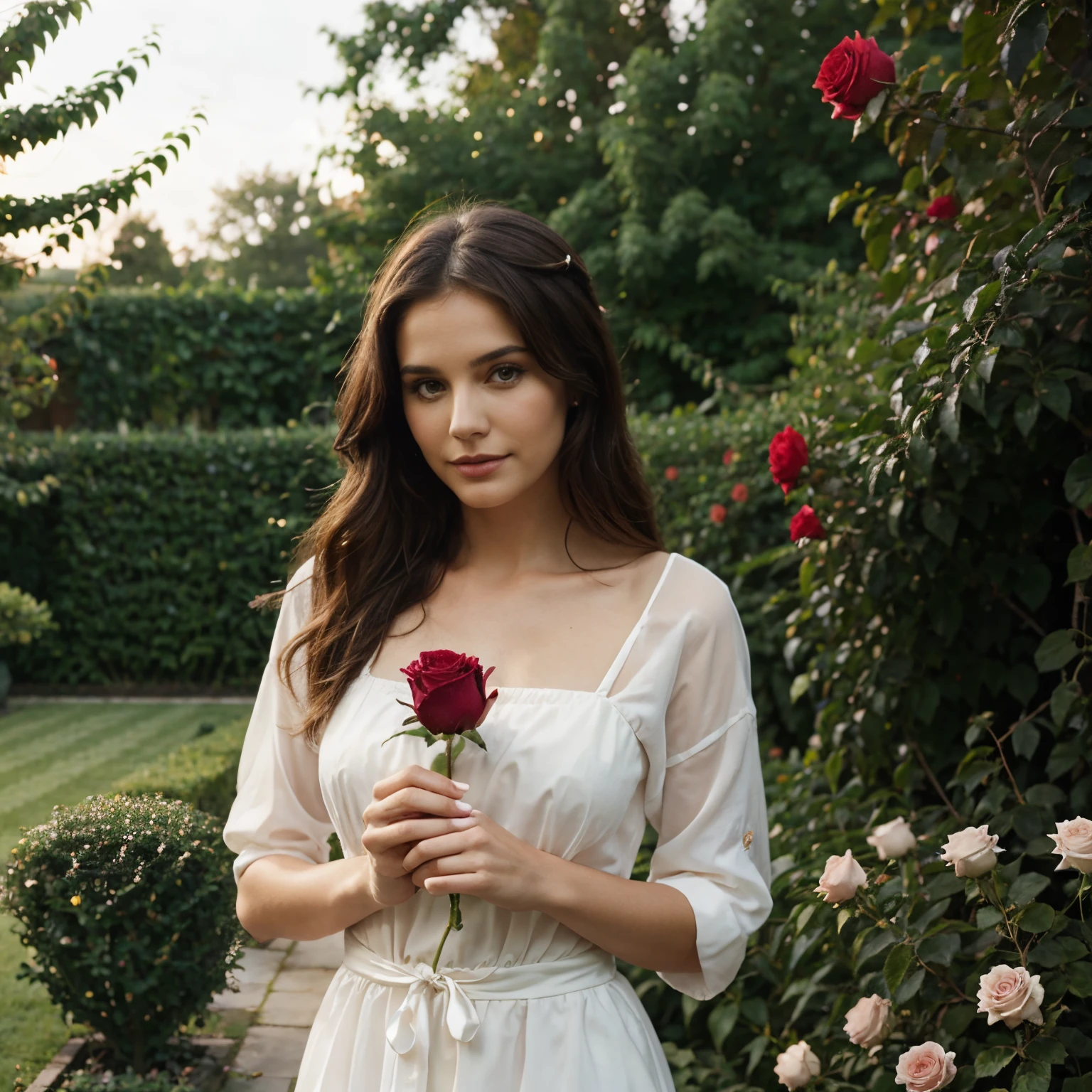 Pretty woman with a rose in her hand in a nice garden