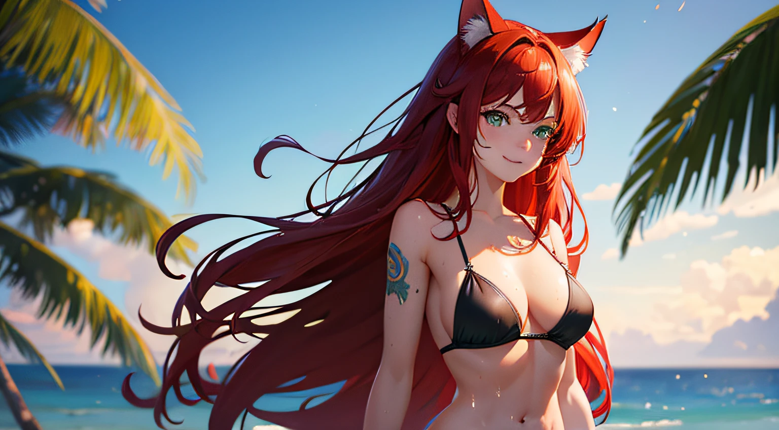 (masterpiece, best quality, ultra detailed, ultra HD, photorealistic, cinematic) young girl, Long REd hair, Cat's ears, Green eyes, tattoo, Blue enveloping top, Shorts, Undress, open breasts, wet shirt, Smile, Masterpiece, hiquality, wet Skin (background beach)