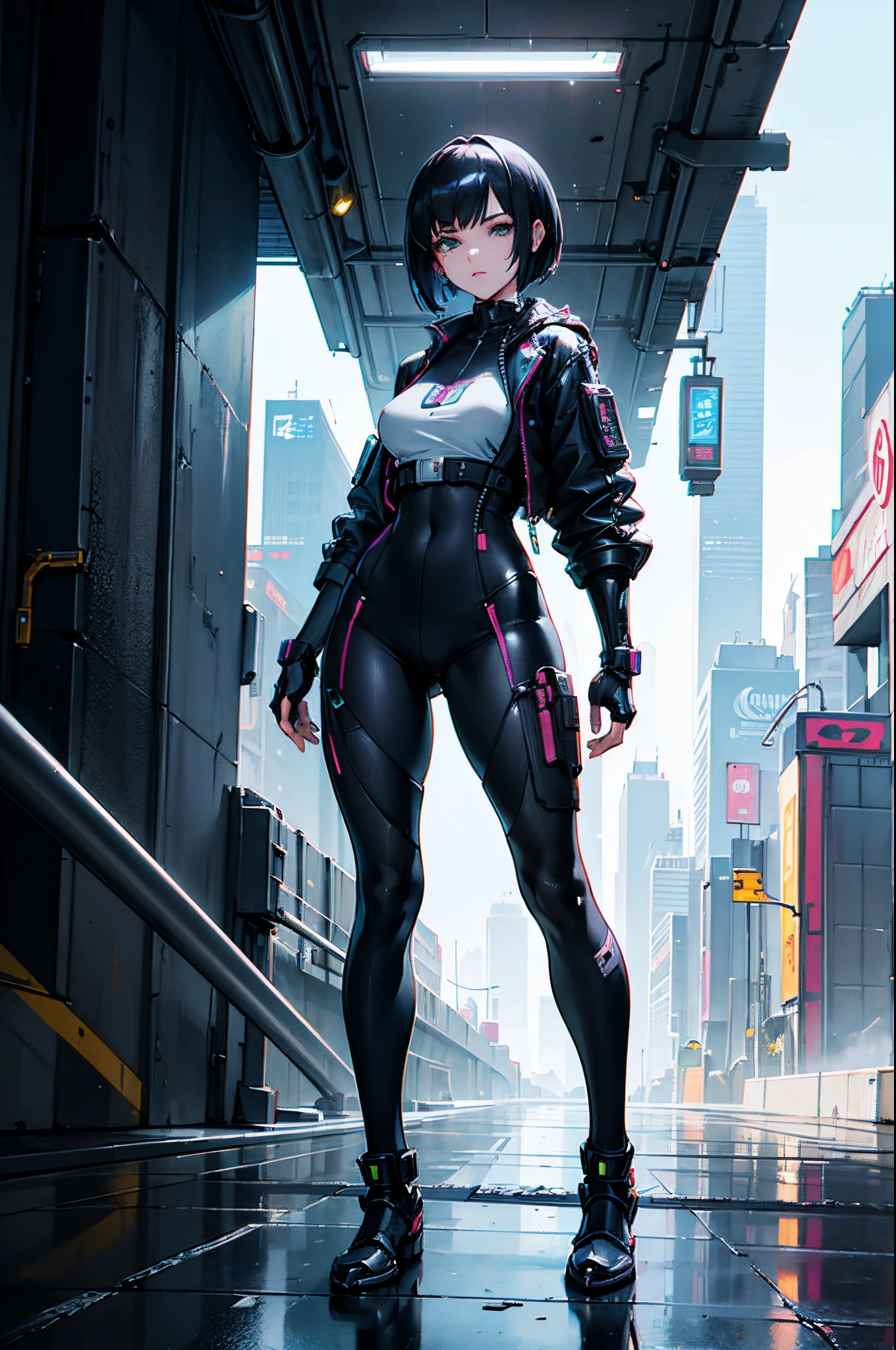 "(from feet to head), Full body, from the front, 1 girl, beautiful cyberpunk princess, with short hair, wearing armor. The image must be hyper-realistic, with an extremely detailed face. The texture resolution must be 16k."