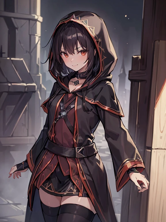 (((masterpiece、BEST QUALITY、high precision、High and fine))), ((fantasy)), {Short darkbrown hair}, ((Black assassins robes with hood)), 1girl, (((assassin))), confident, smug smile, Dynamic angle, nighttime. ambient lighting.