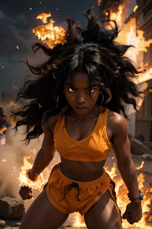 girl, darkskin girl, brown kid, hair till shoulder, hair like goku, dragon ball, goku, vegeta, anime, cartoon, black kid, young, big hair, Super Saiyan hair, hair like Super Saiyan 2, loading power, fighting stand, angry, fire in hands, building background, fighting pose