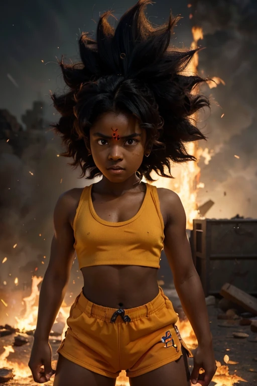 girl, darkskin girl, brown kid, hair till shoulder, hair like goku, dragon ball, goku, vegeta, anime, cartoon, black kid, young, big hair, Super Saiyan hair, hair like Super Saiyan 2, loading power, fighting stand, angry, fire in hands, building background, fighting pose