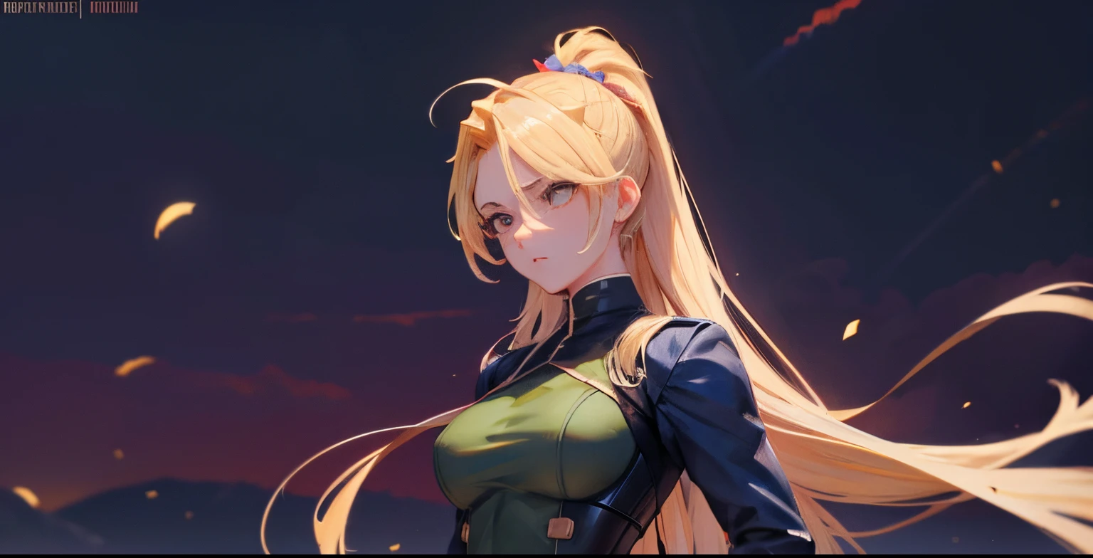 Pixel art, Garota de anime, cabelos longos loiros amarrados para tras, ponytail, Riza Hawkeye FMB, middlebreasts, roupa militar, hands hidden, quadril largo, corpo sexy, corpo atletico, olhar serio.