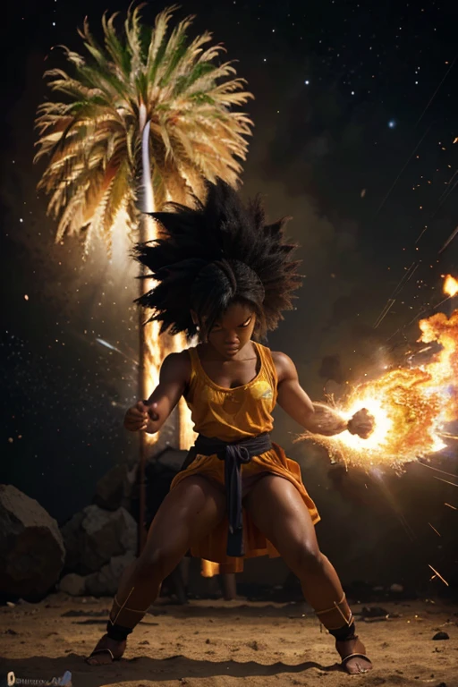 girl, darkskin girl, brown ???, hair till shoulder, hair like goku, dragon ball, goku, vegeta, anime, cartoon, black ???, young, big hair, Super Saiyan hair, hair like Super Saiyan 2, loading power, fighting stand, angry, fire in hands, building background, fighting pose, feet in the air, kicking