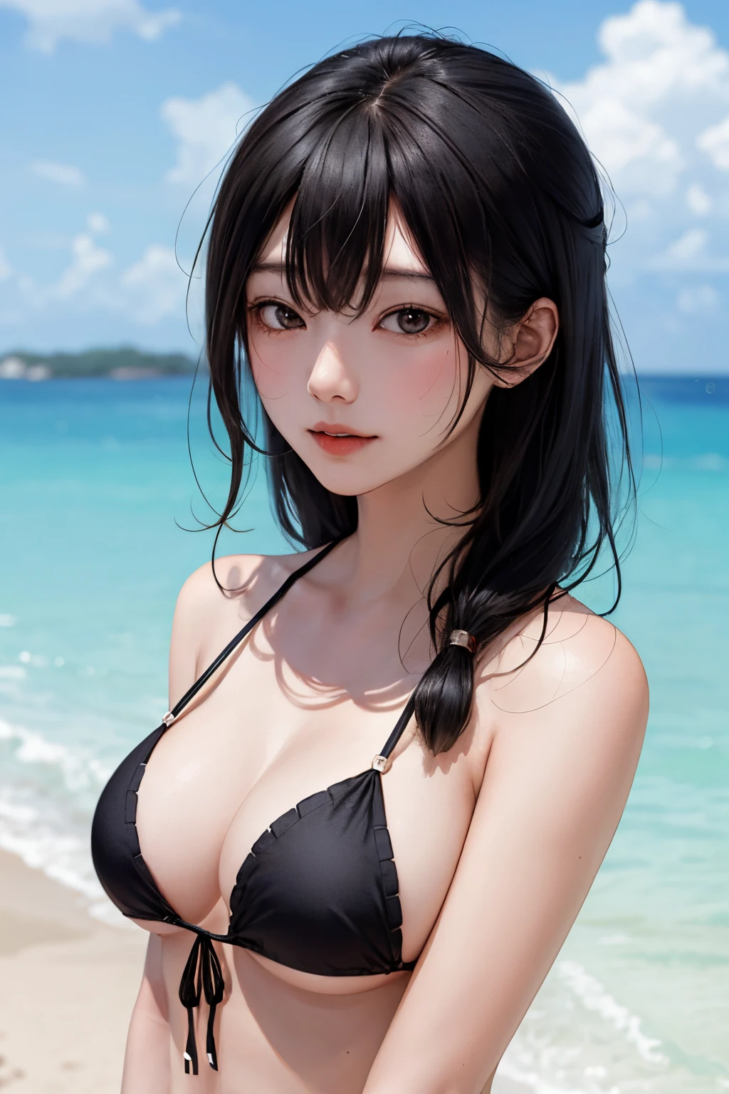 Kokoro Katsugari, bikini, upper body, black hair.
