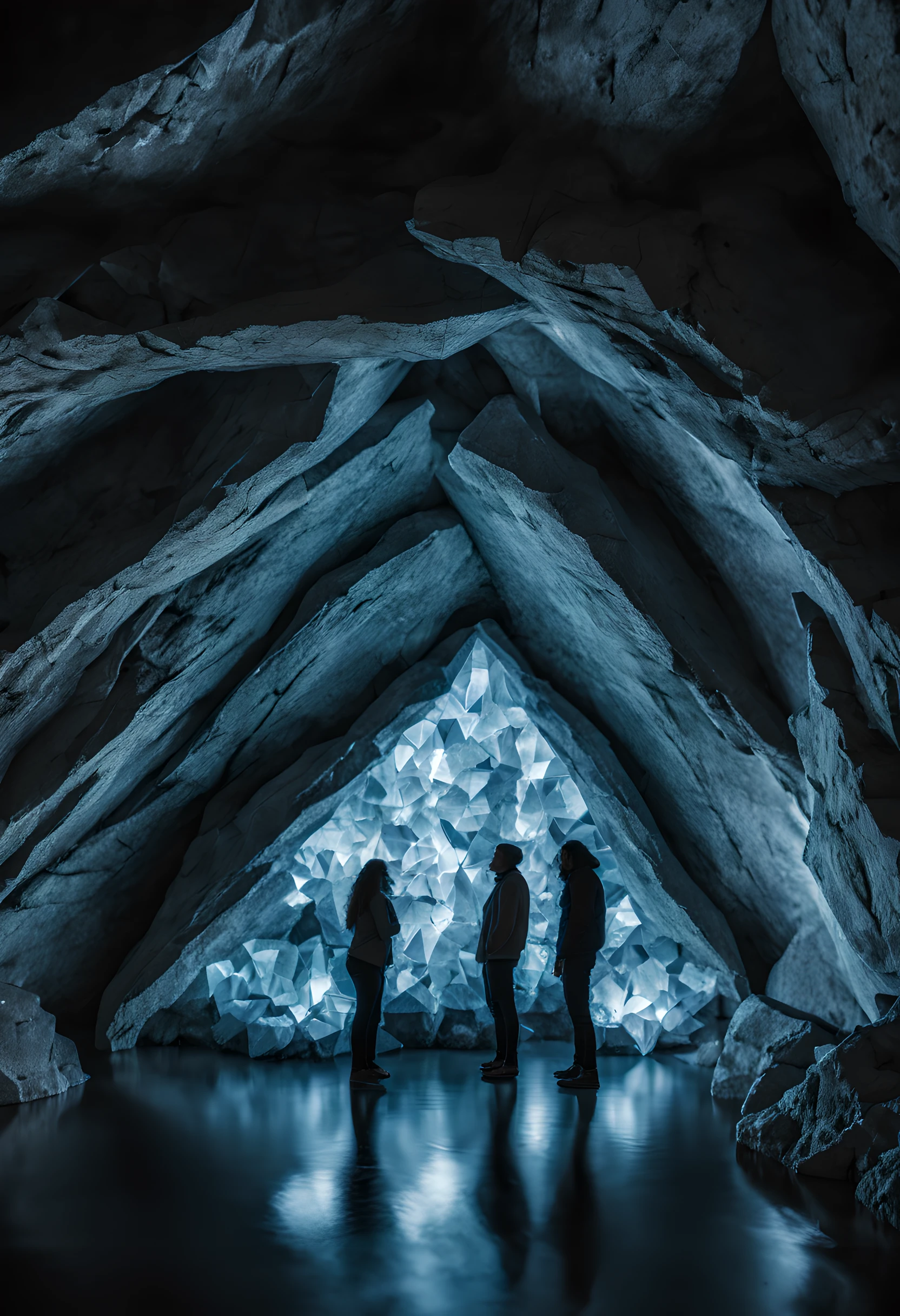 the Crystal Caverns, Where the crystal shines, Tourists stand in the Crystal Cave，Shocked all around, From a third-person perspective