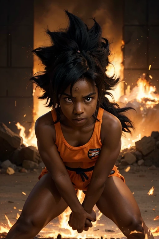 girl, darkskin girl, brown ???, hair till shoulder, hair like goku, dragon ball, goku, vegeta, anime, cartoon, black ???, young, big hair, Super Saiyan hair, hair like Super Saiyan 2, loading power, fighting stand, angry, fire in hands, building background