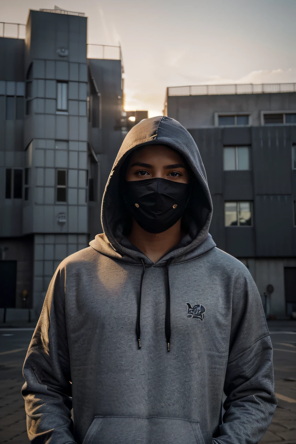 hyper real photo of ((Young man wearing a hooded sweatshirt with a mask on his face posing against the backdrop of a building)), 8k resolution, (modelshoot style), sunset, (from_below:1.4)