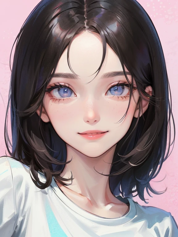 (((1人の女性)))、(Top resolution、Distinct_image) best qualtiy、(((Pop)))、1990's、((colorful backdrop))、((illuminating))、ighly detailed、Semi-realistic、Black hair、((hairstyle I made、A smile、bangss、20yr old、年轻、((tshirts))、delicate facial features facial features、View from below、((Detailed eyes))