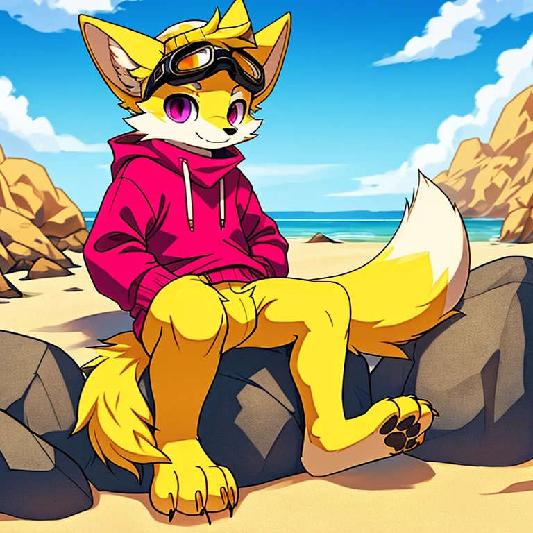(A character), (Fox with yellow fur and white chest), (under the snout is white), (yellow fur), (tip of the tail white), (wears a magenta sweater), (yellow cap with orange visor), (orange visot), (magenta eyes), (slender and fit body), (appears apparently thin but strong), (relaxed expression), (male), (medium height), (solitary), (solo), (white eyebrows), (yellow legs), (yellow hat), (golden fur), (golden yellow fur), (small dark yellow claws), (4 toes on his paws), (magenta eyes), fluffy, (fluffy fur), goggles, (black glass goggles), (background beach), (beach), (rocks in the sand), rocks, (blue sky kerchief), fursona, (sweater covers his crotch), (white tipped yellow tail), (yellow hands and paws), (yellow paws), (black pawpads), kerchief