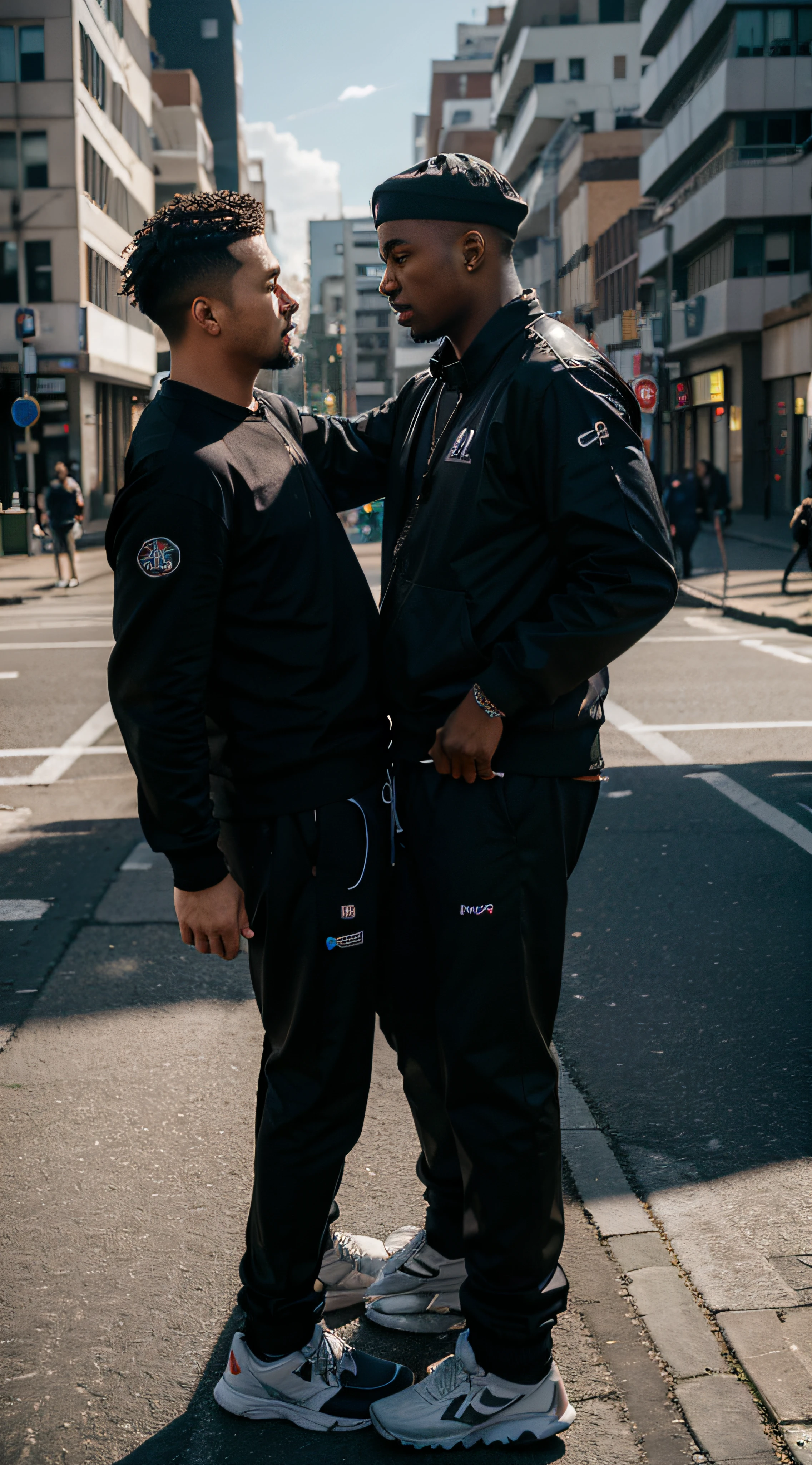 (master part) melhor qualidade, ultra-detalhado, ultra-realistic, 
two rapper style men greeting each other on the street dynamic angle, High-resolution display, Realistic lighting and shadows, breath-taking.