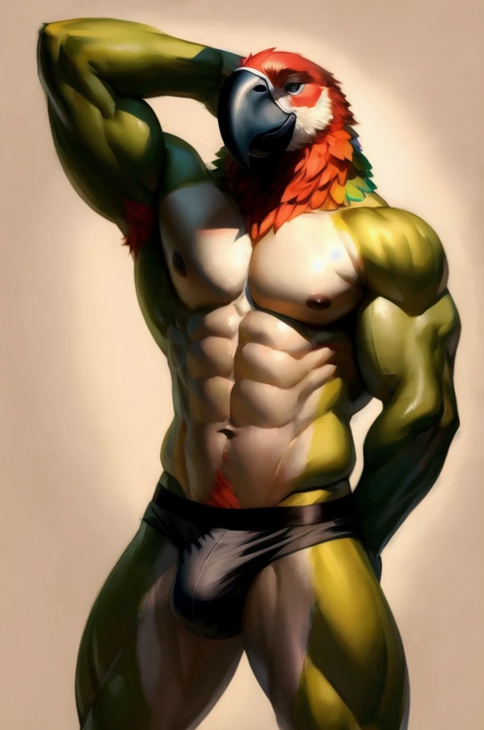Solo, Furry, Anthro, Parrot, Male, E621, Standing, Muscular, Hands behind back, Wearing underwear, Plain background, Front view, Light skin tone, By ruan jia