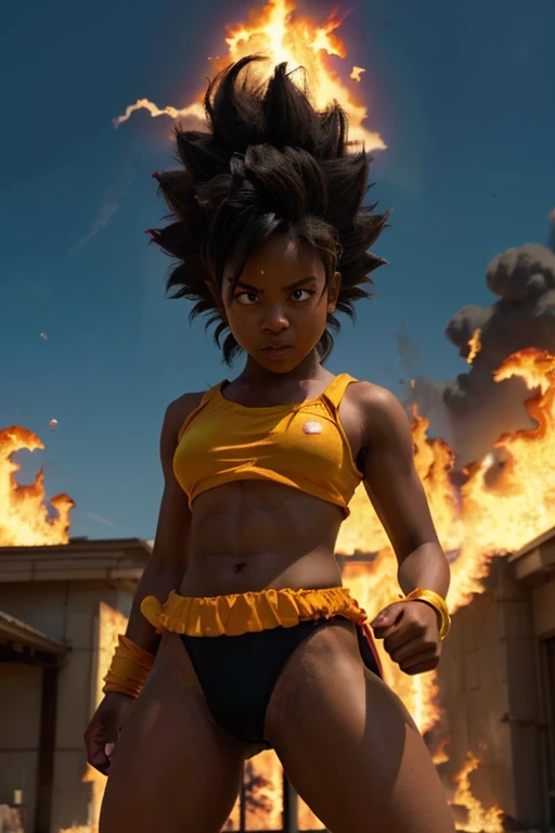 girl, darkskin girl, brown kid, hair till shoulder, hair like goku, dragon ball, goku, vegeta, anime, cartoon, black kid, young, big hair, Super Saiyan hair, hair like Super Saiyan 2, loading power, fighting stand, angry, fire in hands, building background, fighting pose, doing the split, split