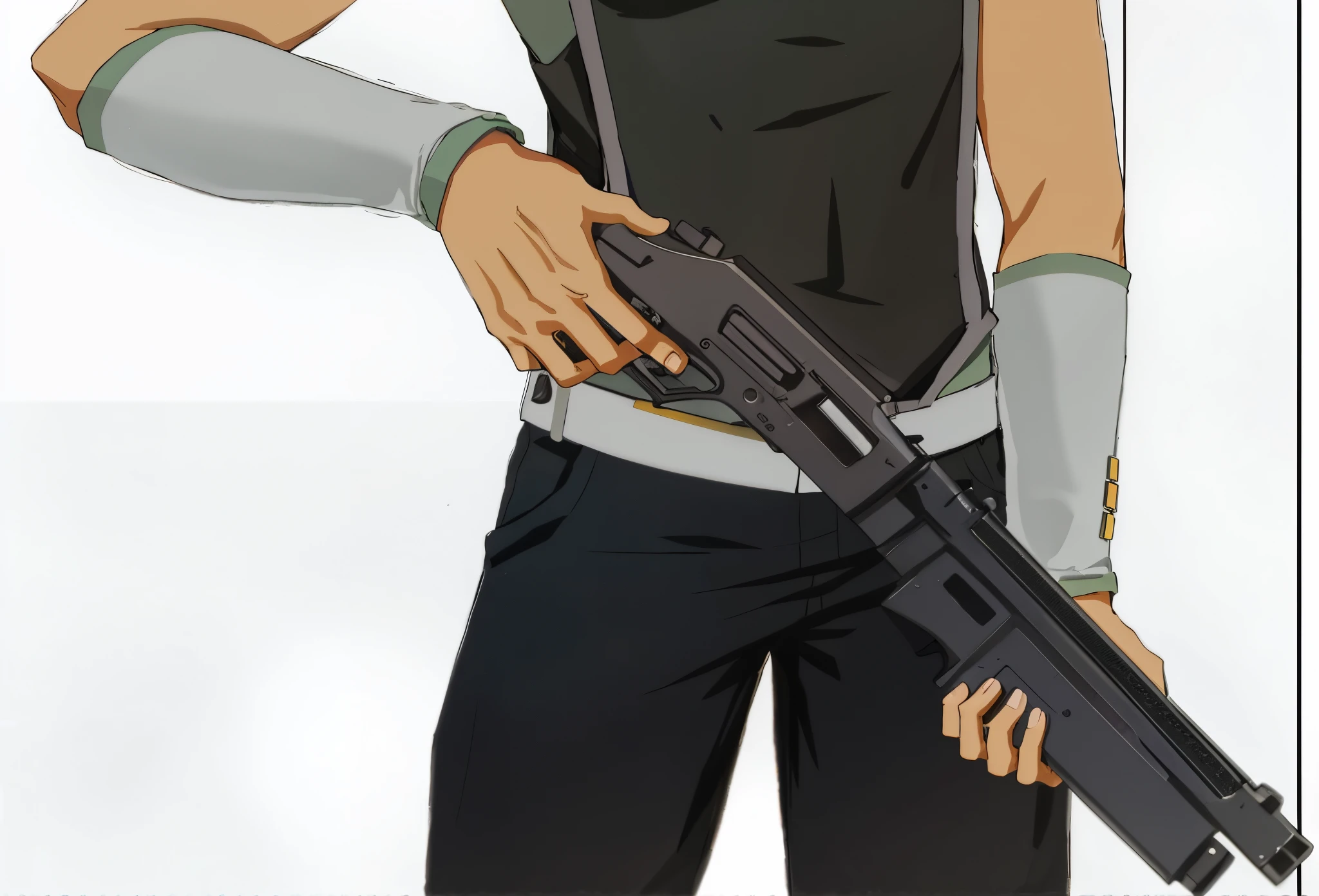 Anime african man in a black vest and googles holding a gun, kaname tosen