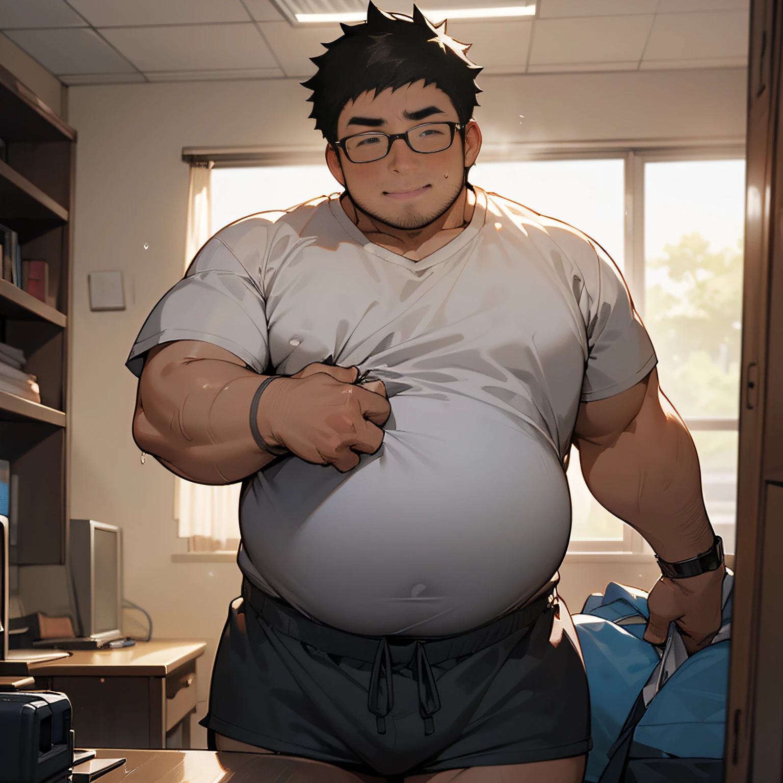 A fat Japanese nerd is excited in front of the PC in his room., Light gray sweatpants pulled down to the knees、I grabbed my crotch from above my panties., wet short sleeve t-shirt, Bare thighs, Bare belly, nerdy, short legs, Bowleg, masutepiece,top-quality, 8K, Shy, Fat Man, Glasses, Black-haired man, Round face, Sweating, out, hard, NSFW, Solo, Asian, Night