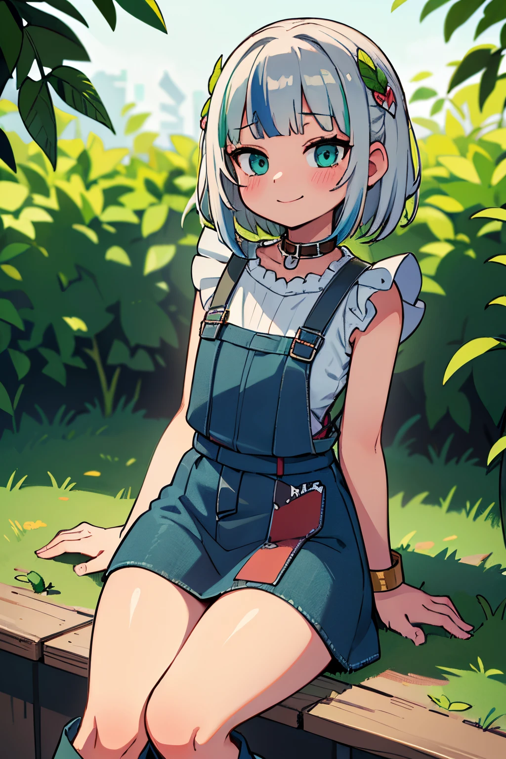 ((Gawr gura)), ((Masterpiece)), (Professional Photography:1.2), (High Definition:1.3), 1 girl, light, (dirty), sitting on the ground, short hair, cute eyes, slender, perfect face, soft skin, (tired smile, blush), (apron, sweater, jeans, knee high boots, braclet), daytime, store, fruits and veggies, (falling green leafs:1.2), windy, daytime, (depth of field, sharp focus, cowboy shot), (flat chest), store background, dirty face, vibrant colors, working as a produce associate. ((top quality)), (ultra-detailed), depth of field, cinematic lighting, detailed outfit, Fine dust reflected in light, dynamic angle, full body, mesmerizing