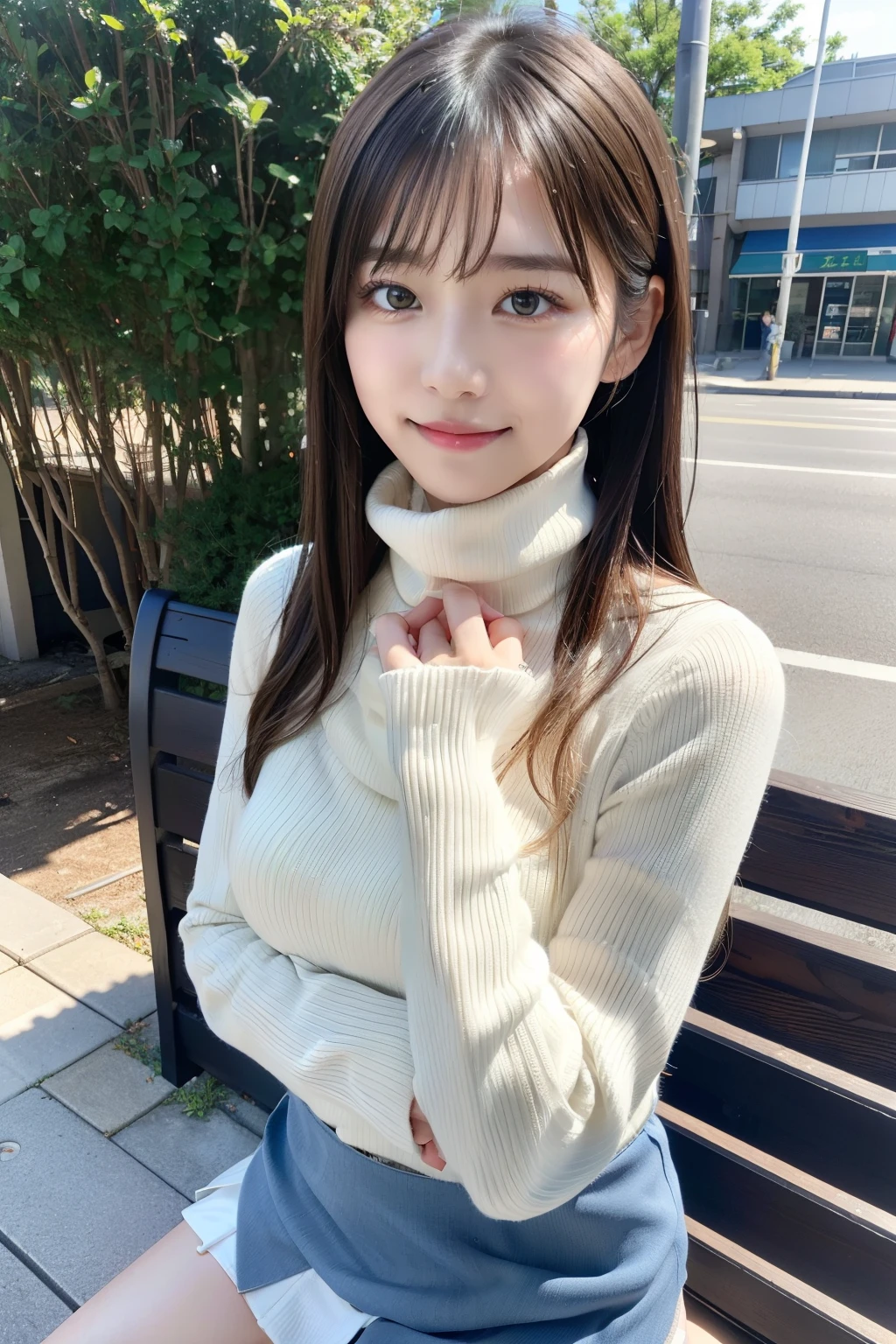 Top image quality、masterpiece、超A high resolution、Raw photography、(Photorealsitic:1.4)、1girll、A detailed face、cowboy shot、(turtle neck、a miniskirt、Muffler on the neck:1.5)、 long dishevelled silver-haired:1.5、Bokeh、Beautiful light inodell pose、slender、韓国アイドル、age19、(A smile:1.5)、Street Trees、sit on a bench、