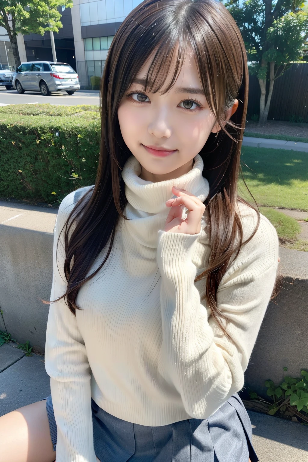 Top image quality、masterpiece、超A high resolution、Raw photography、(Photorealsitic:1.4)、1girll、A detailed face、cowboy shot、(turtle neck、a miniskirt、Muffler on the neck:1.5)、 long dishevelled silver-haired:1.5、Bokeh、Beautiful light inodell pose、slender、韓国アイドル、age19、(A smile:1.5)、Street Trees、sit on a bench、