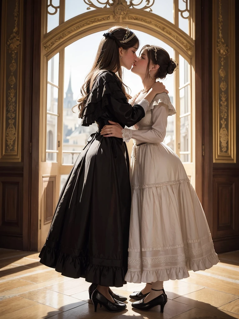 an oil painting, top-quality, masterpiece, 2 Girl, Dresses from the Belle Époque era, Noble lady, French cityscape, the kiss