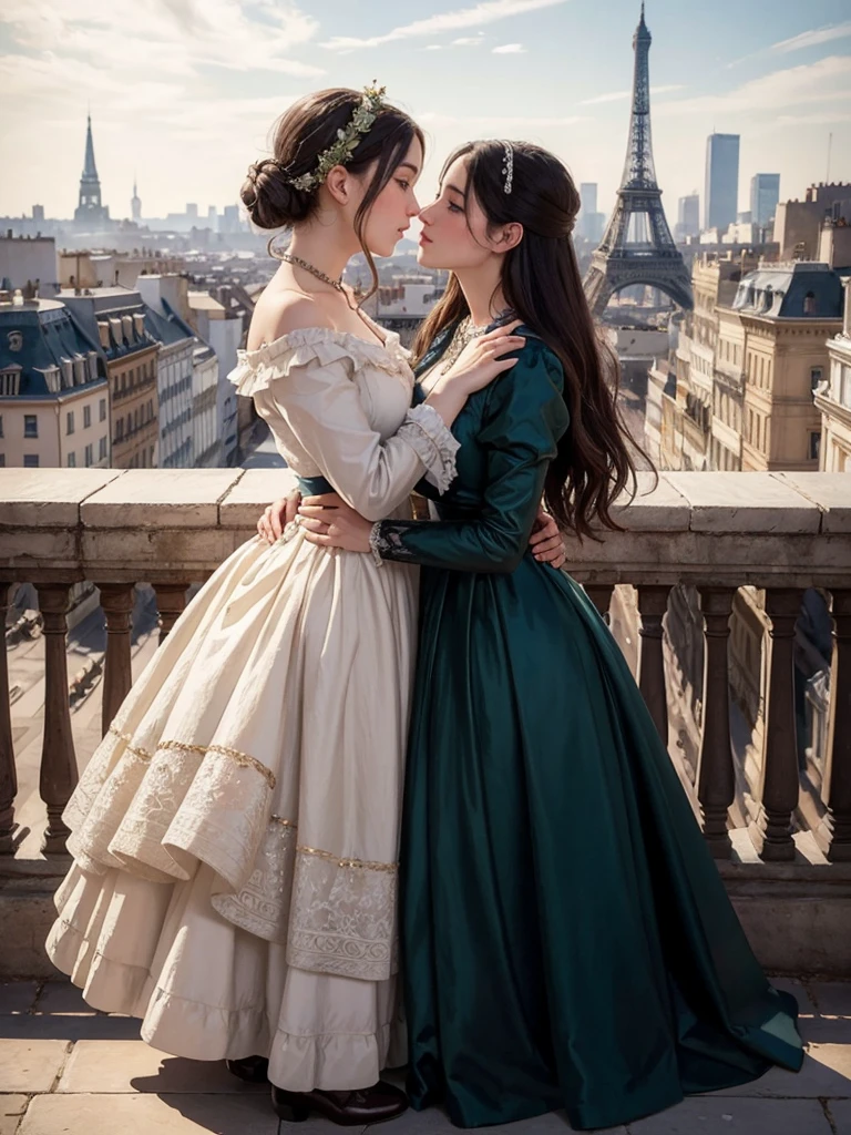 an oil painting, top-quality, masterpiece, 2 Girl, Dresses from the Belle Époque era, Noble lady, French cityscape, the kiss