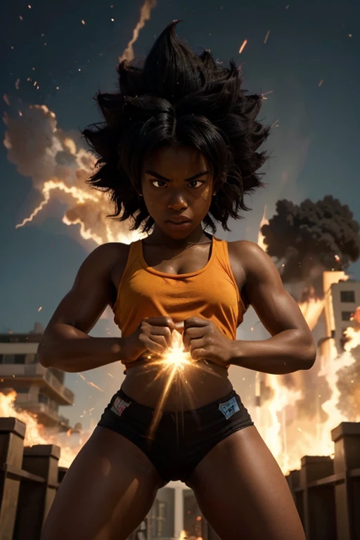 girl, darkskin girl, brown kid, hair till shoulder, hair like goku, dragon ball, goku, vegeta, anime, cartoon, black kid, young, big hair, Super Saiyan hair, hair like Super Saiyan 2, loading power, fighting stand, angry, fire in hands, building background, fighting pose, doing the split, split