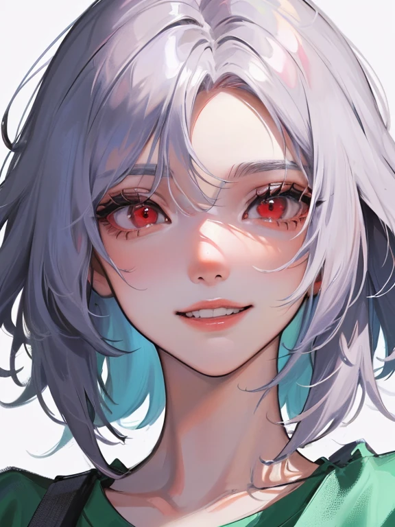 (((1人の女性)))、(Top resolution、Distinct_image) best qualtiy、(((Pop)))、1990's、((colorful backdrop))、((illuminating))、ighly detailed、Semi-realistic、White hair、((hairstyle I made、A smile、bangss、20yr old、年轻、((tshirts))、delicate facial features facial features、View from below、((Detailed Red eyes)), 1 girl, 1 portrait