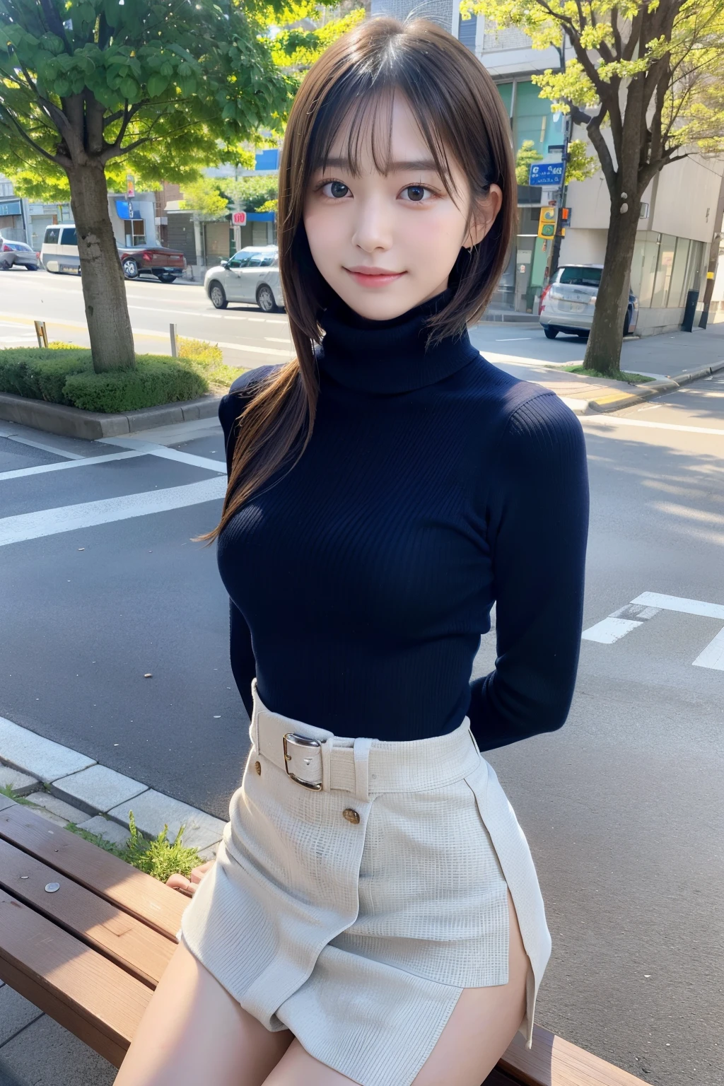 Top image quality、masterpiece、超A high resolution、Raw photography、(Photorealsitic:1.4)、1girll、A detailed face、cowboy shot、(turtle neck、a miniskirt、Muffler on the neck:1.5)、 short-hair:1.5、Bokeh、Beautiful light inodell pose、slender、韓国アイドル、age19、(A smile:1.5)、Street Trees、sit on a bench、