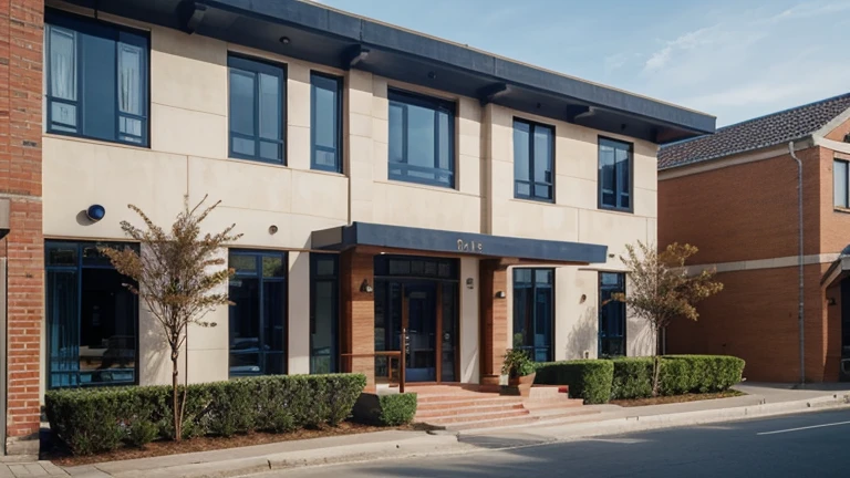 Day, cultural center exterior, modern style, navy blue and brick red and beige mix together