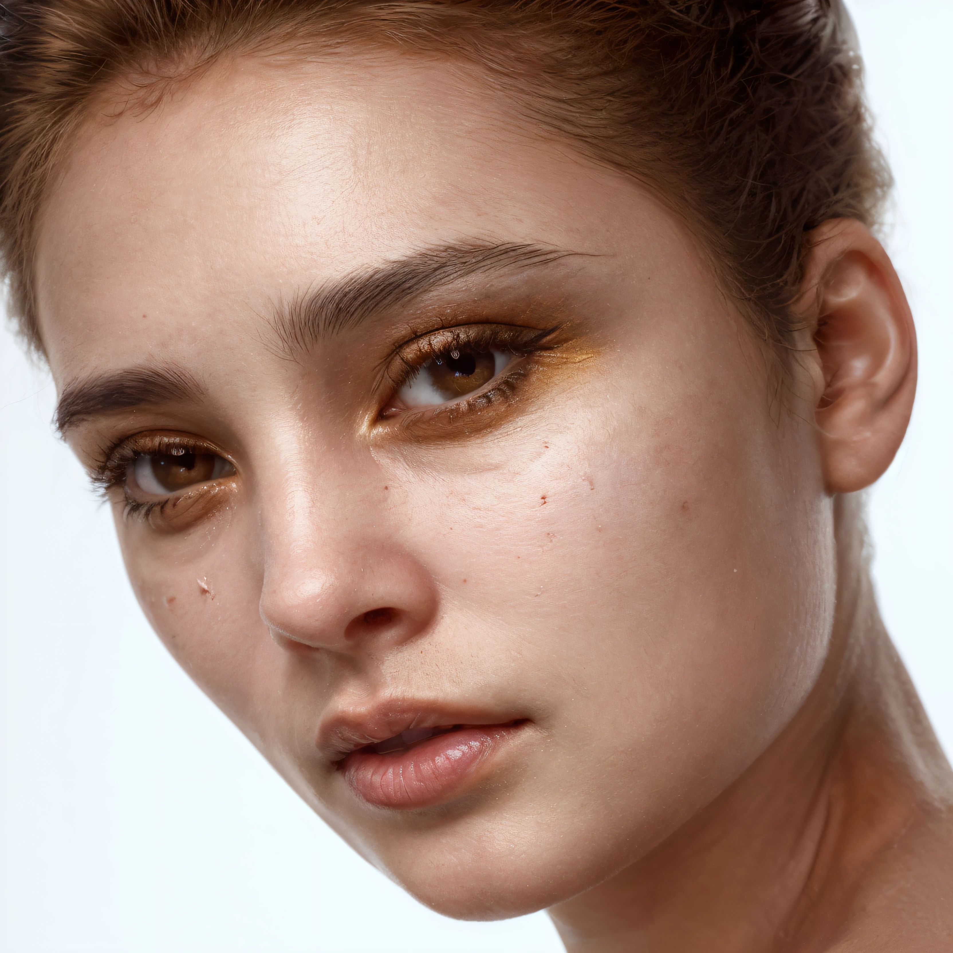Realistically transform the ethnicity of the Caucasian woman in the photo provided into an indigenous woman from Brazil, capturing the authentic details of the new ethnicity. Be sure to emphasize distinctive features, como cor de pele muito mais escura, estrutura facial larga, formato dos olhos amendoados e escuros, nose with little projection and sparse eyebrows. Adicione detalhes realistas, como veias nos olhos e detalhes dos poros, to make the image as authentic and realistic as possible and with great detail. Darken the anise creating a more intimate environment.