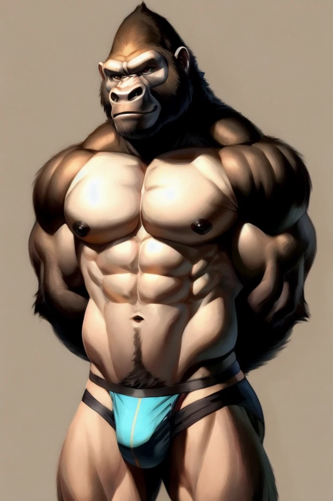 Solo, Furry, Anthro, Gorilla, Male, E621, Standing, Muscular, Hands behind back, Wearing underwear, Plain background, Front view, Light skin tone, By ruan jia