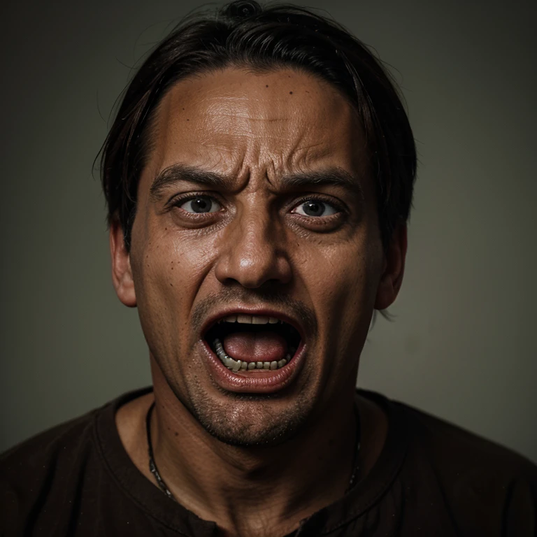 Realistic, colour photo man screams in terror