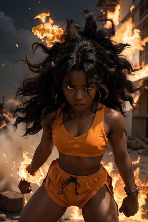 girl, darkskin girl, brown ???, hair till shoulder, hair like goku, dragon ball, goku, vegeta, anime, cartoon, black ???, young, big hair, Super Saiyan hair, hair like Super Saiyan 2, loading power, fighting stand, angry, fire in hands, building background, fighting pose
