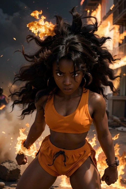 girl, darkskin girl, brown kid, hair till shoulder, hair like goku, dragon ball, goku, vegeta, anime, cartoon, black kid, young, big hair, Super Saiyan hair, hair like Super Saiyan 2, loading power, fighting stand, angry, fire in hands, building background, fighting pose