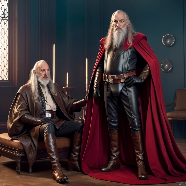 Count Dooku, Star Wars, An elder with a long beard and white hair, with a serene face wrinkles, looking producing, body older weak, skinny bones hairy, body naked, his shirt was open to reveal his stomach wrinkles older hairy weak and chest, arms legs neck hands feet skinny old and weak, black boots, red cape, briefs and gloves leather, shy and blushed, wish to fuck him as bottom gay, Lying on spaceship, stars lily,master-piece,4K images,beste-Qualit