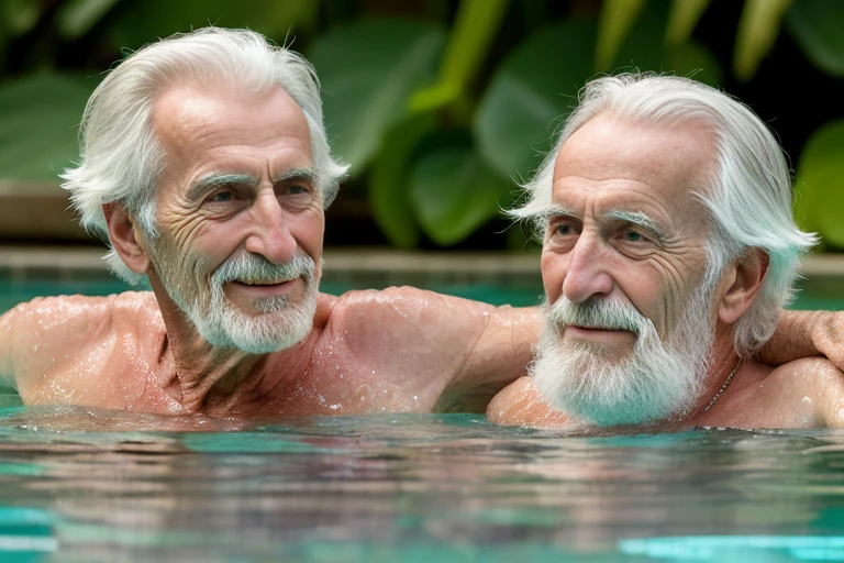 Professional photography style, half-body portrait of a age 60, white man, ????? disgusting, muscular chubby, shirtless , mature daddy, hairy chest hard ??????, He is in the pool, with only half of his body submerged in the water. Looking at a age 20 shirtless white girl, moonlit night, full moon, ambient lighting, water reflection. Extremely realistic.