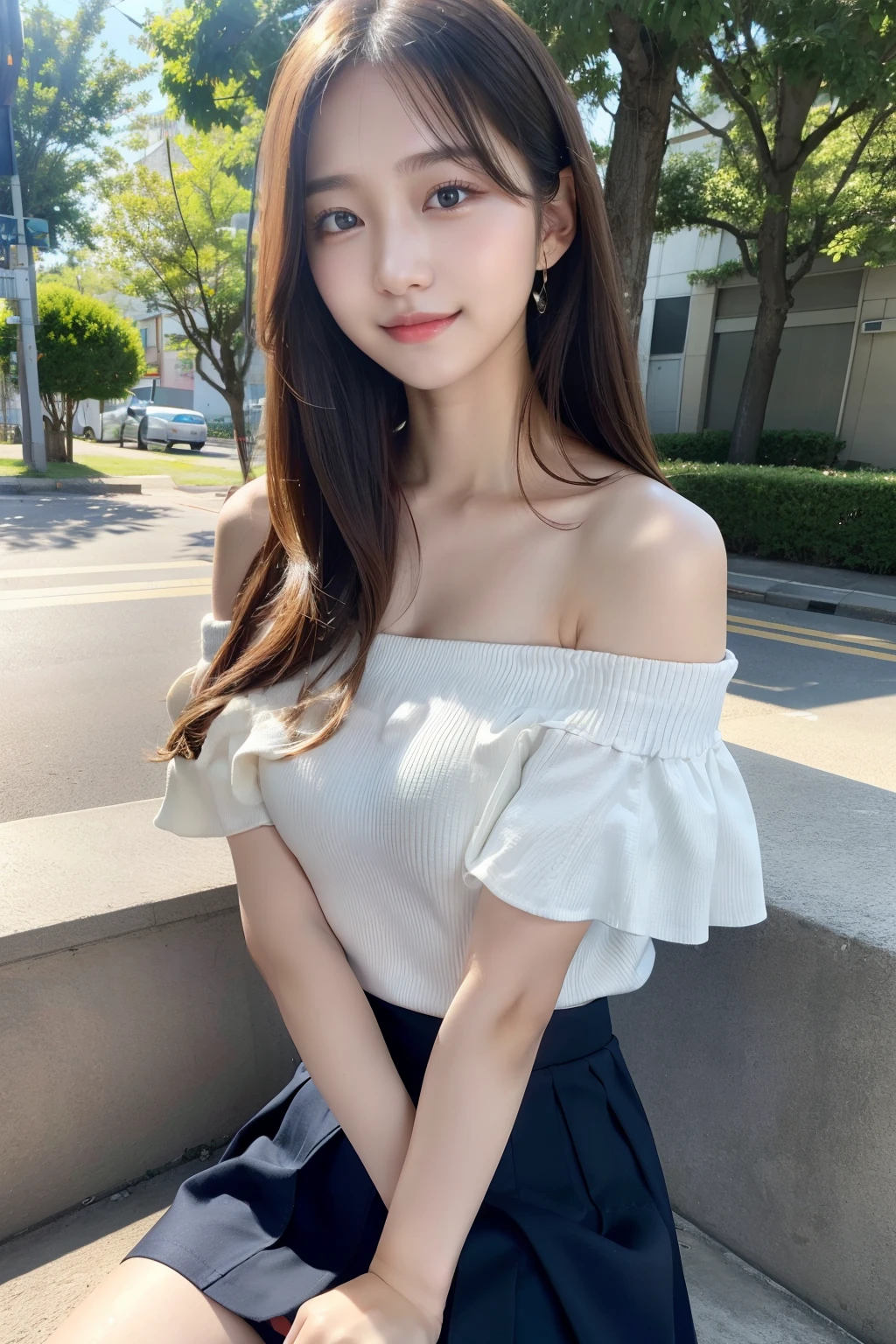 Top image quality、masterpiece、超A high resolution、Raw photography、(Photorealsitic:1.4)、1girll、A detailed face、cowboy shot、(Off-the-shoulder tops、skirt by the:1.5)、 Beautiful long hair:1.5、Bokeh、Beautiful light inodell pose、slender、韓国アイドル、age19、(Natural smile:1.2)、Street Trees、sit on a bench、