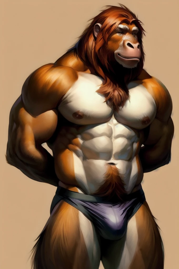 Solo, Furry, Anthro, Orangutan, Male, E621, Standing, Muscular, Hands behind back, Wearing underwear, Plain background, Front view, Light skin tone, By ruan jia