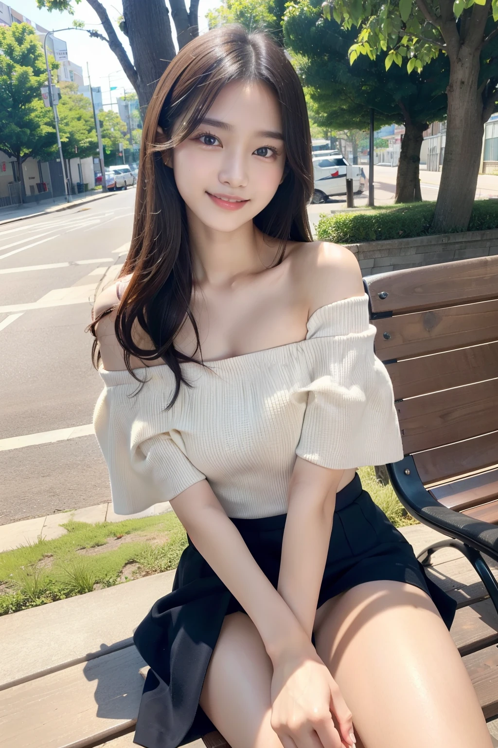 Top image quality、​masterpiece、超A high resolution、Raw photography、(Photorealsitic:1.4)、1girll、A detailed face、cowboy  shot、(Off-the-shoulder tops、skirt by the:1.5)、 Beautiful long hair:1.5、Bokeh、Beautiful light inodell pose、slender、韓国アイドル、age19、（Natural smile:1.2)、Street Trees、sit on a bench、