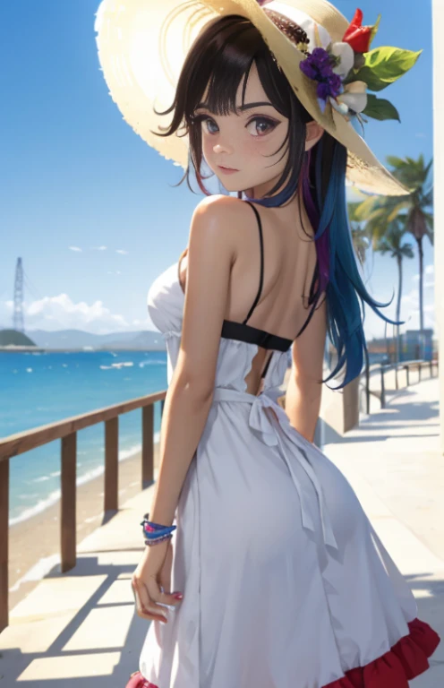 Chica con vestido blanco ligero de verano sexy , usando sombrero grande ,sandalias negras , pink eyes, cabello largo, fondo aleatorio, besar, Beautiful, senos grandes , mirada coqueta, ((muy detallado)), (Cara perfectamente detallada), (Mano bien detallada), Imagen fotorrealista. , hermosa chica adolesente , 18yr old , lindo maquillaje , labios rojos , sombra de ojos azul , bolso a la moda , cuerpo completo , cabello de colores , cabello largo de arcoiris , pelo de color arcoiris