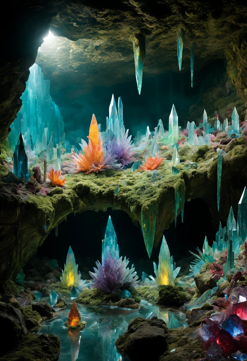 "In the heart of an otherworldly realm lies a bizarre crystal cave, a place where reality and fantasy intertwine. The cave  a mesmerizing spectacle, with crystal formations that defy the laws of nature. The crystals come in a riot of colors, glowing with an otherworldly radiance. Some crystals pulsate with energy, casting ethereal hues across the cavern walls.

Envision a diverse array of crystal shapes, from towering spires to delicate formations that seem to defy gravity. The floor  a bed of iridescent crystals, and as you walk, they emit a soft, harmonious hum. Luminescent moss clings to some crystals, adding an enchanting glow to the surroundings.

The air  thick with a mystical energy, and occasional gusts of wind carry with them the faint whispers of ancient secrets. The cave  not only a visual spectacle but also a place of strange phenomena. Imagine pockets of anti-gravity where crystals float freely, and rare crystals that, when touched, evoke vivid visions.

Capture the essence of this bizarre crystal cave in intricate detail, emphasizing the interplay of light and color. The final piece should be a 4D masterpiece, bringing to life the surreal experience of exploring this fantastical subterranean world. Consider using vibrant, contrasting colors to highlight the mystical nature of the crystals and create a sense of wonder."