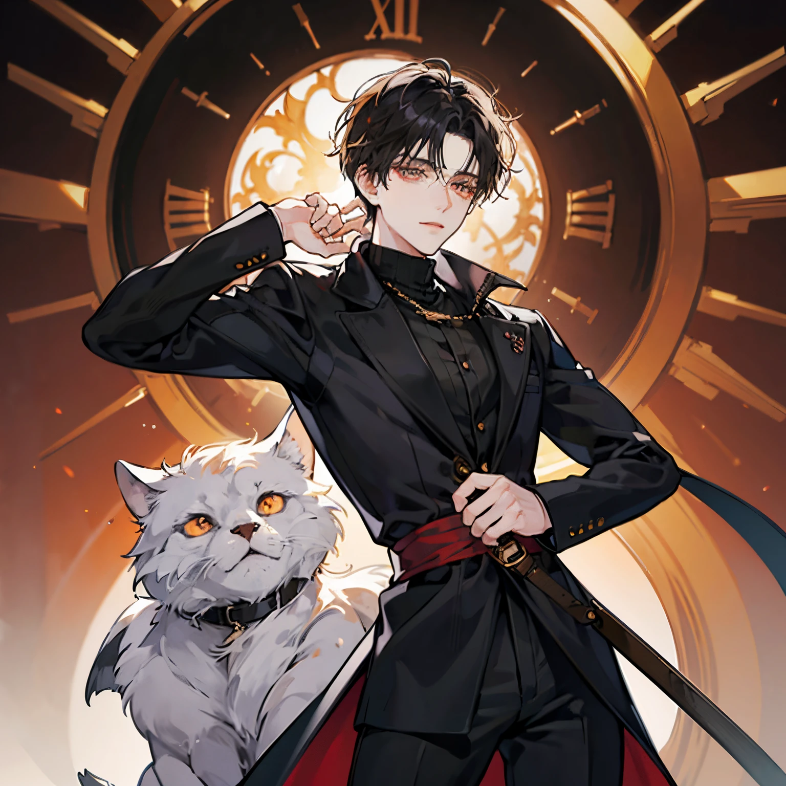 medium length Black hair, pale skin, freckles, amber eyes, toned, long brown coat, black turtleneck and black trousers. Only one person in image