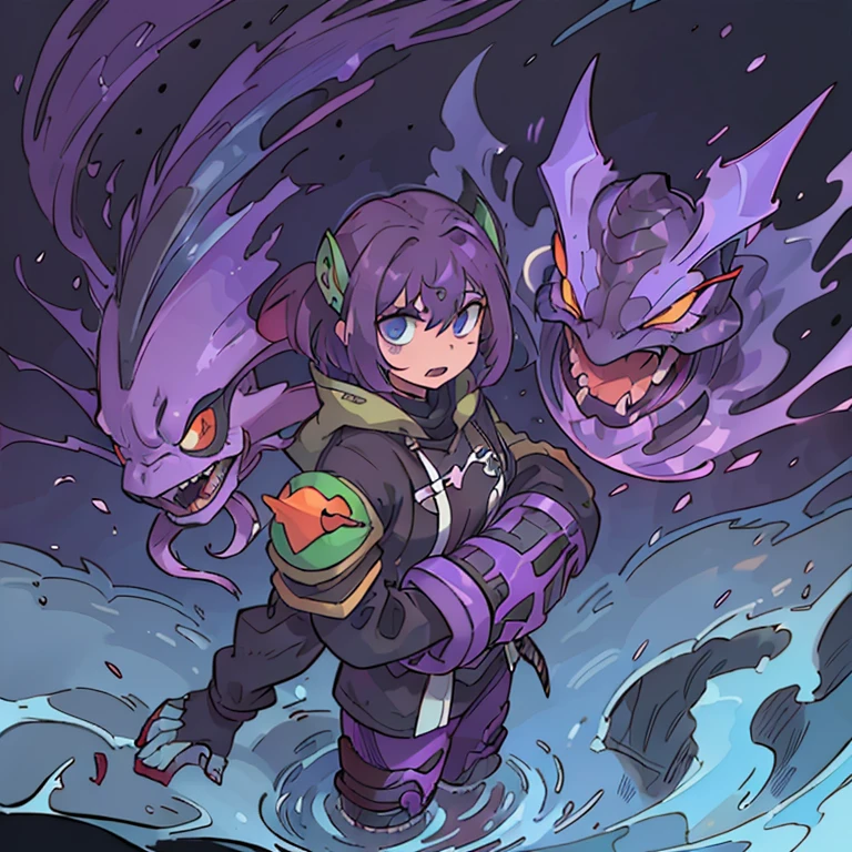 4k, High Definition, 1 girl, Swimsuit, color del Swimsuit: negro, tipo de Swimsuit: Bikini, short hair, Hair color: purple, slanted eyes, Eye color: purples, macabre smile, BIG BREASTS, big thighs, demon tail, small demon horns, sharp teeth