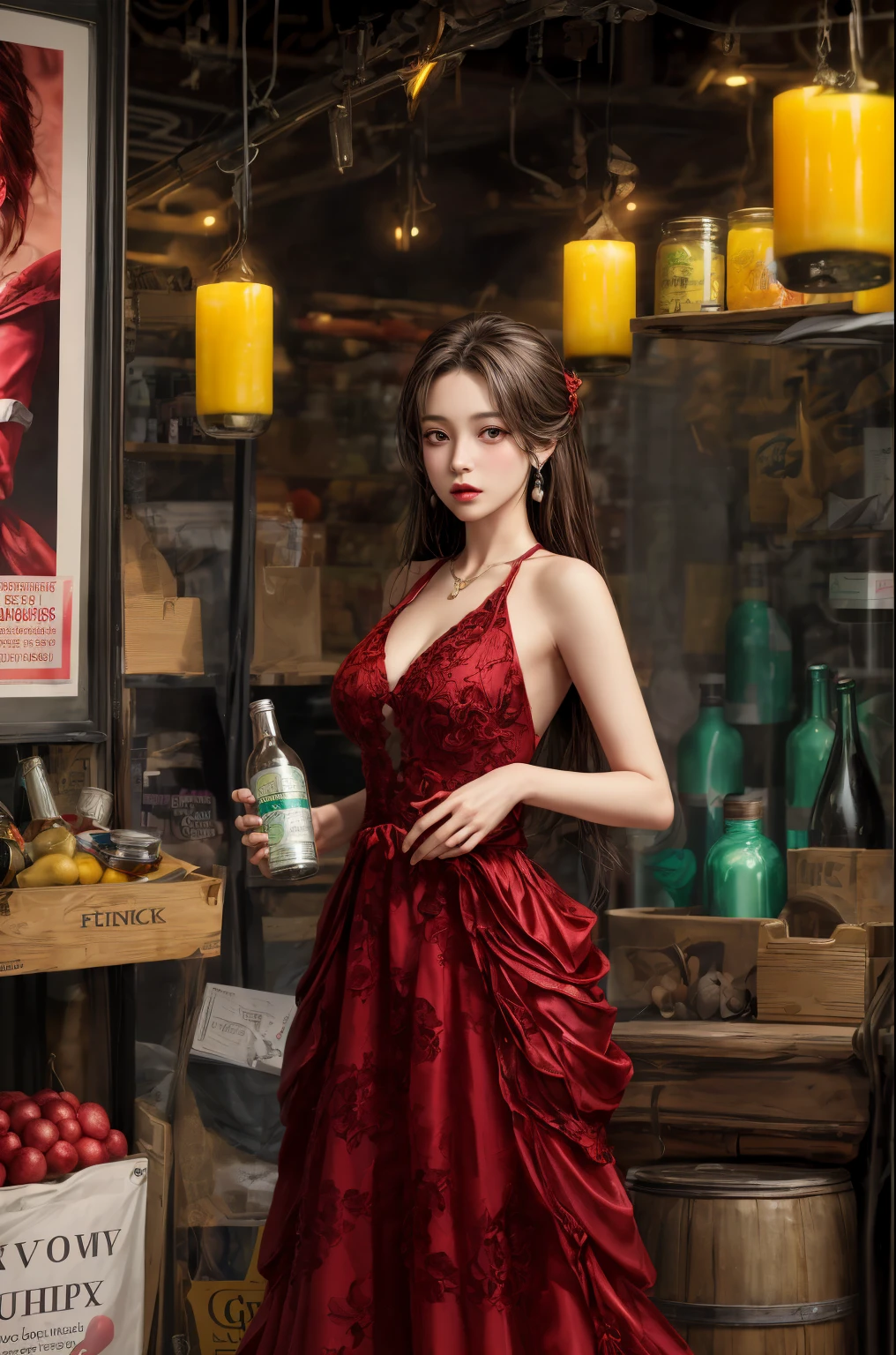 a woman in a red dress standing next to a bottle of juice, a poster, by Jeanna bauck, trending on cg society, pomegranates, outrun style, promotional image, eon flux