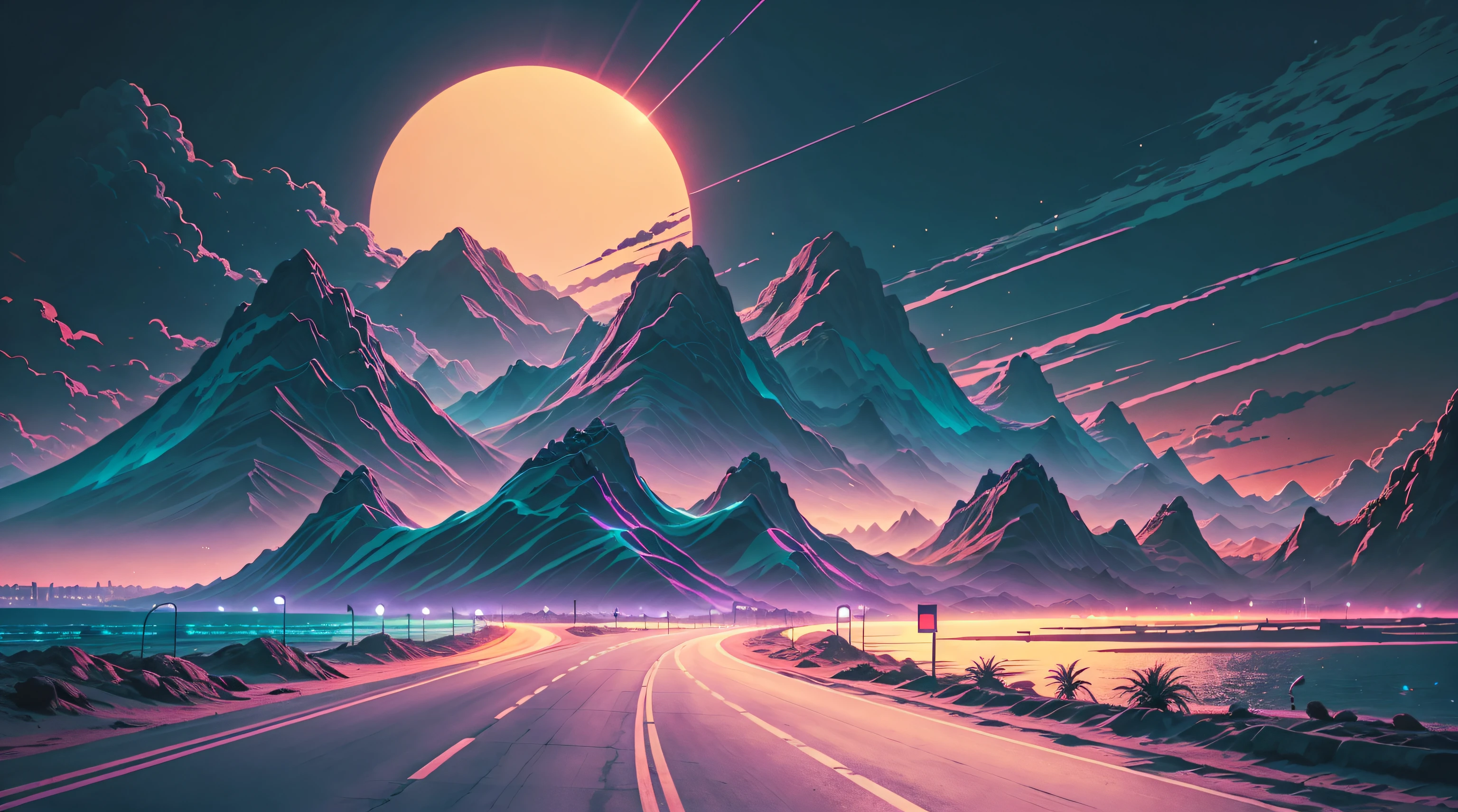 Mountains, palmeras y sol, vectorizado, synthwave, purple pink blue, Bright neon colors , retroonda, sol en el medio, carretera horizontal, highway in the back,Fondo de playa.  mountains in horizon,Gran Sol,centrado en el sol,despejado,colores brillantes,Noche,Luz nocturna,Palmeras,