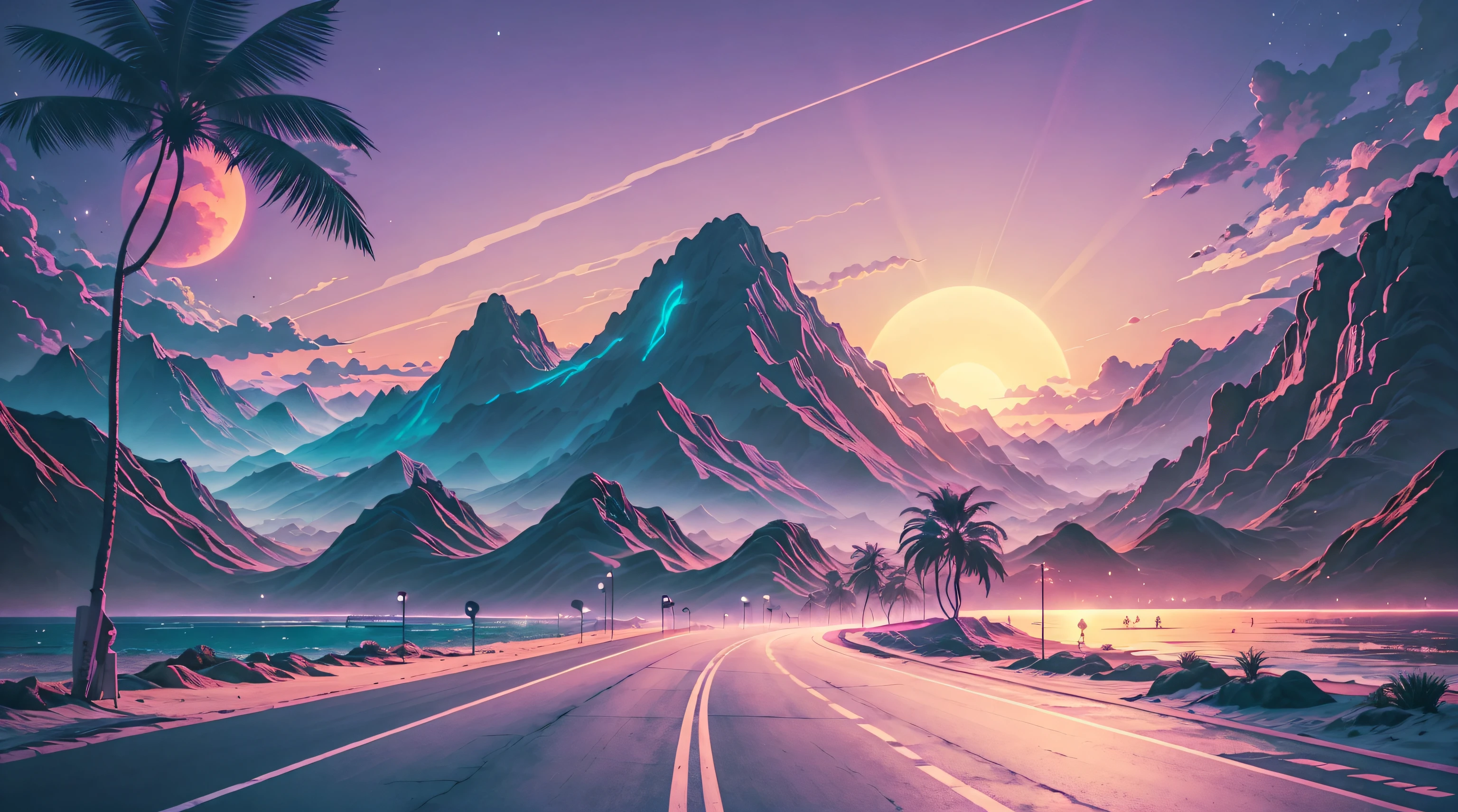 Mountains, palmeras y sol, vectorizado, synthwave, purple pink blue, Bright neon colors , retroonda, sol en el medio, carretera horizontal, highway in the back,Fondo de playa. mountains in horizon,Gran Sol,centrado en el sol,despejado,colores brillantes,Noche,Luz nocturna,Palmeras,