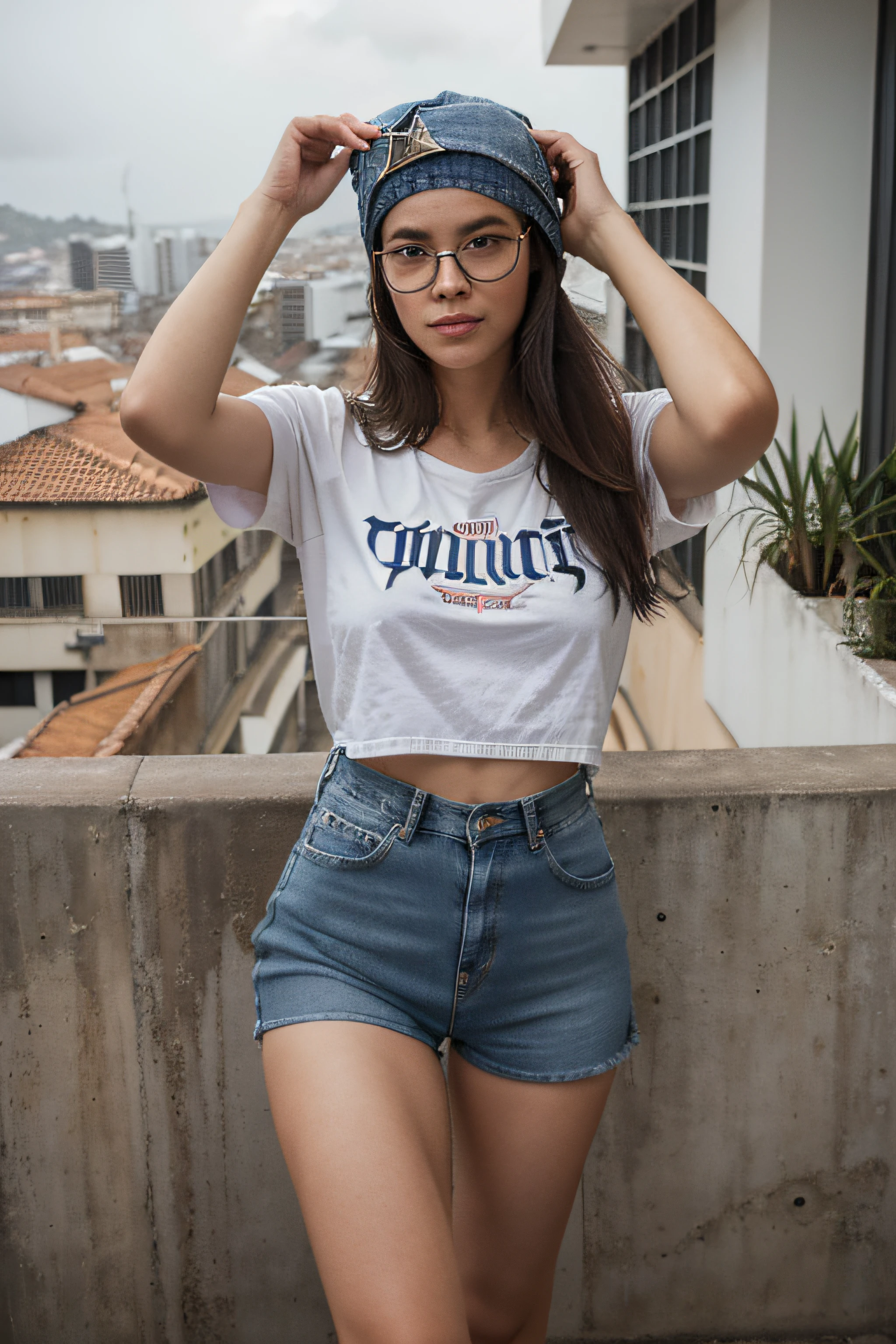 jubileu, top of a building, capa de chuva, jeans shorts, glasses on head, estilo Penthouse, de costas para a janela, vista para a cidade, qualidade ultra, absurdos, detalhes intrincados,