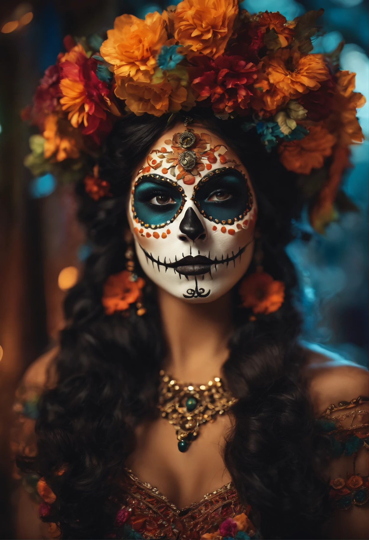 beautiful detailed eyes,beautiful detailed lips,very long eyelashes,black curly hair,(anime:1.1),(portrait:1.2),(vibrant colors:1.1),(floral patterned dress:0.9),(Mexican-themed accessories:0.9),colorful flowers in the hair,elaborate Catrina makeup,traditional Calavera face paint,skeleton-like facial features,smiling expression,ornate headpiece adorned with flowers,glowing jack-o-lanterns in the background,festive and lively atmosphere,happy and vibrant scene,medium:oils and acrylst quality,4k,8k,highres,masterpiece:1.2),ultra-detailed,(realistic,photorealistic,photo-realistic:1.37),bright and warm color palette,magical lighting with soft, warm glow,HDR,sharp focus,physically-based rendering,extreme detail description,professional,Bauta mask venice carnival and Dia de Los Muertos make up